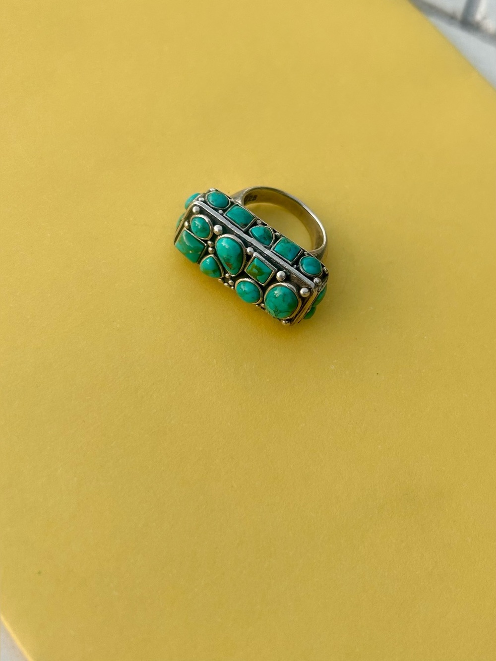 WOW! Wide Rectangle Sterling Silver Turquoise Cluster Bar Ring Size 7.5 Vintage - Picture 5 of 10